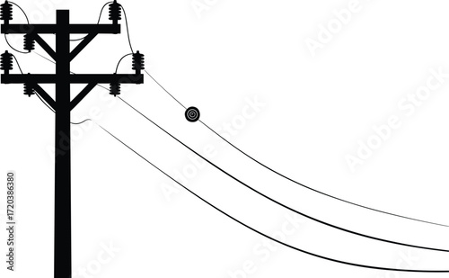 Utility pole with power lines silhouette, electrical infrastructure icon, black and white illustration, energy distribution system, safety marker design