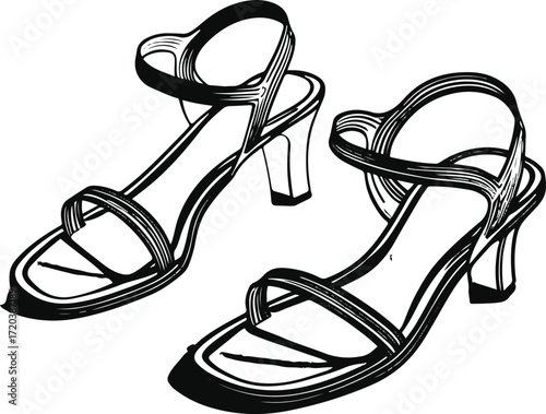  Strappy sandals, thick outline, white background.