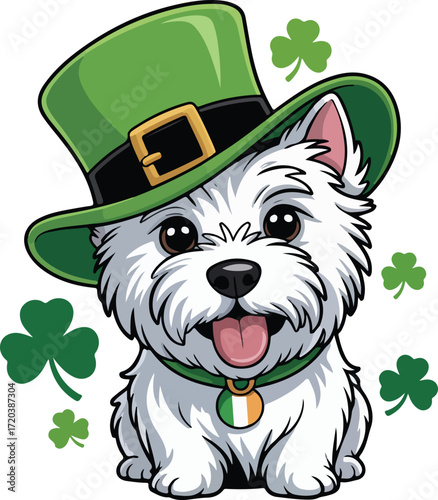 Adorable West Highland White Terrier Dog Wearing St Patricks Day Hat With Shamrocks westie