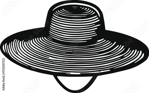 Wide brim summer hat, thick outline, minimal line art