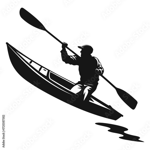 Kayaker pulling boat ashore silhouette