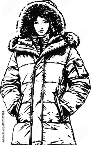 Winter parka coat with fur hood, bold black line art 2