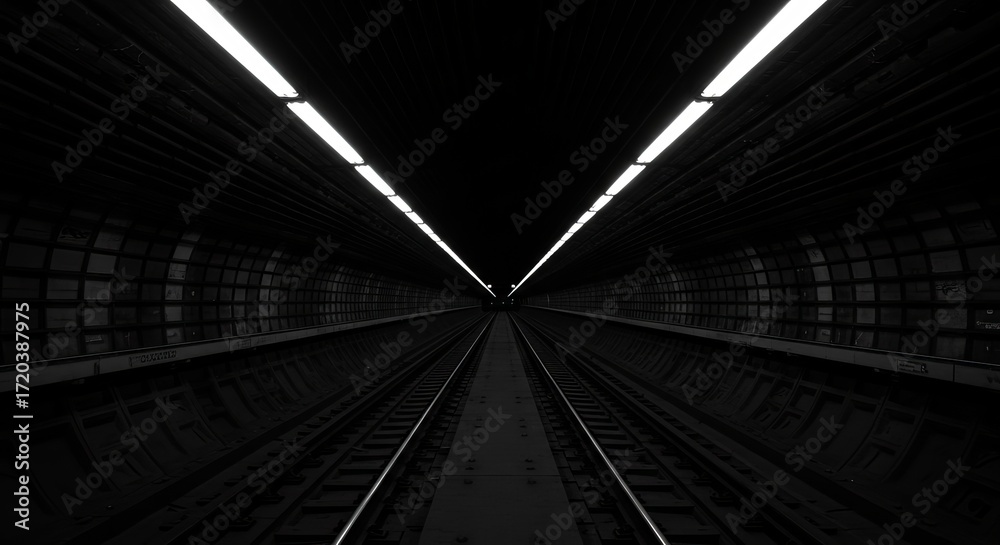 Fototapeta premium Journey into darkness and light with empty subway tracks stretching into the distance