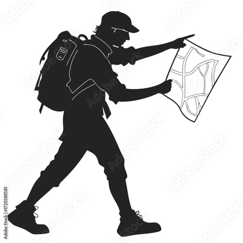 Hiker pointing at map silhouette