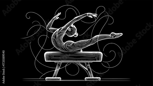 Minimal black and white abstract line art of a gymnast balancing on pommel horse, elegant vector silhouette perfect for gymnastics, sports, fitness, acrobatics, and minimal design projects