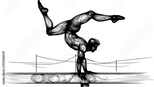 Minimal black and white abstract single line of a gymnast holding a handstand on balance beam, elegant vector silhouette perfect for gymnastics, sports, fitness, and minimal design projects