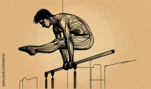 Minimal black and white abstract lines forming a gymnast on parallel bars, elegant vector silhouette perfect for gymnastics, sports, fitness, acrobatics, and minimal design projects
