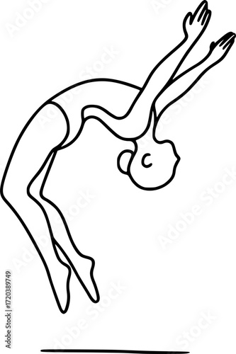 Minimal black and white contour drawing of a gymnast mid aerial flip, elegant vector silhouette perfect for gymnastics, sports, acrobatics, fitness, and minimal design projects