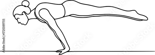 Minimal continuous line drawing of a gymnast holding a planche, elegant black and white vector outline perfect for gymnastics, sports, fitness, strength, and minimal design projects