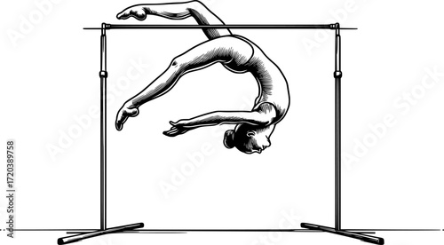 Minimal black and white contour of a gymnast dismounting from high bar, elegant vector silhouette for gymnastics, sports, fitness, acrobatics, and minimal design projects