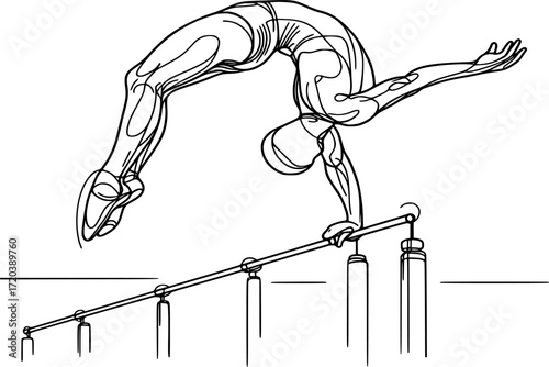 Minimal black and white contour of a gymnast dismounting from high bar, elegant vector silhouette for gymnastics, sports, fitness, acrobatics, and minimal design projects