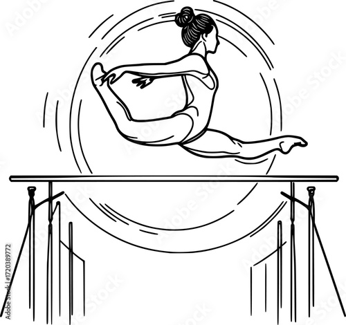 Minimal black and white contour of a gymnast dismounting from high bar, elegant vector silhouette for gymnastics, sports, fitness, acrobatics, and minimal design projects