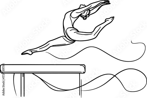 Minimal black and white contour of a gymnast leaping on balance beam with flowing ribbon line, elegant vector silhouette for gymnastics, sports, fitness, and minimal design projects