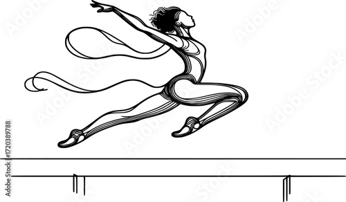 Minimal black and white contour of a gymnast leaping on balance beam with flowing ribbon line, elegant vector silhouette for gymnastics, sports, fitness, and minimal design projects