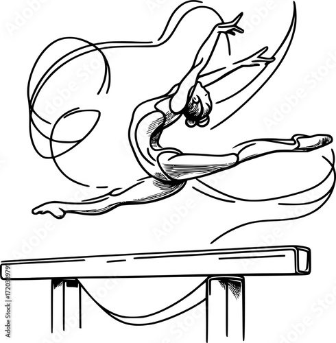 Minimal black and white contour of a gymnast leaping on balance beam with flowing ribbon line, elegant vector silhouette for gymnastics, sports, fitness, and minimal design projects