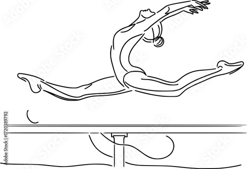 Minimal black and white contour of a gymnast leaping on balance beam with flowing ribbon line, elegant vector silhouette for gymnastics, sports, fitness, and minimal design projects