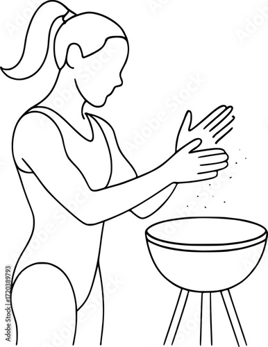 Minimal black and white outline of a gymnast chalking hands, clean vector art perfect for sports, fitness, gymnastics, preparation, and minimal design projects