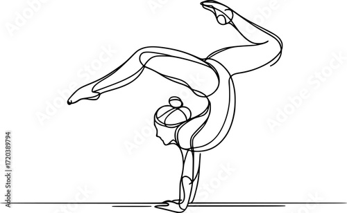 Minimal linear silhouette of gymnast twisting mid-air, black and white vector illustration for gymnastics posters, acrobatic sports design, fitness icons, and monochrome art concepts.