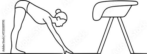Minimal black and white linear contour of a gymnast stretching before vault, elegant vector outline for sports, fitness, gymnastics, and minimal design projects