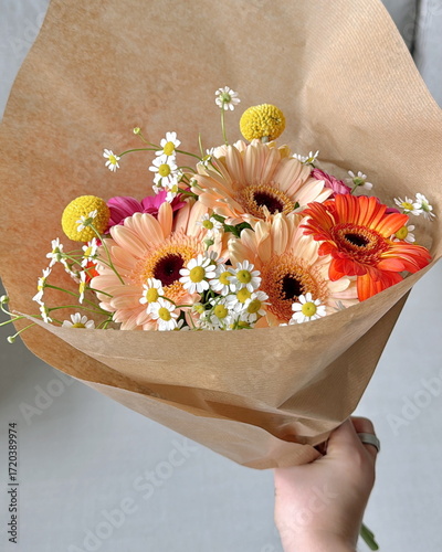 Sommerlicher Blumenstrauß mit Gerbera und Kamille Orange Rote Blumen