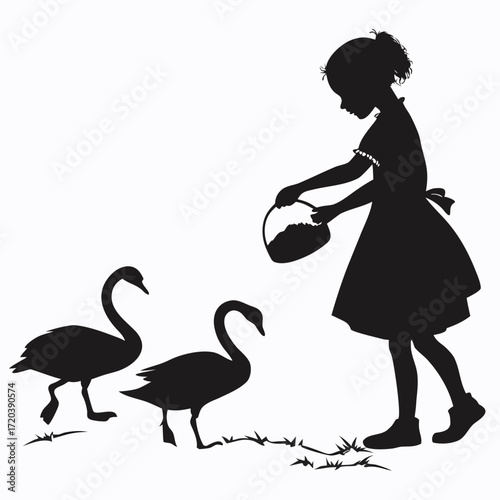 Girl feeding swans silhouette