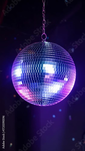 Hanging disco ball with mirrored tiles reflecting purple and white light in a dark club setting for dance entertainment