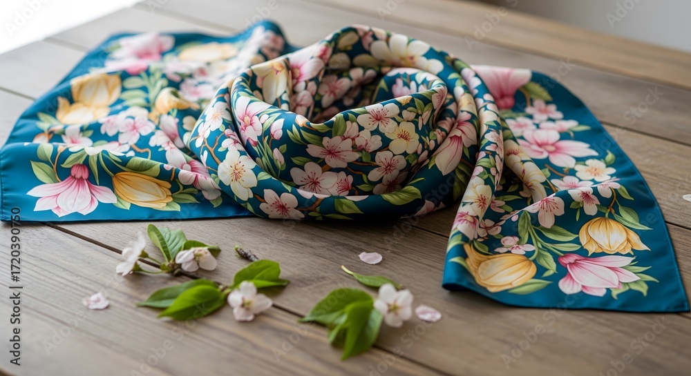 Fototapeta premium Elegant Silk Scarf with a Floral Print on a Wooden Table