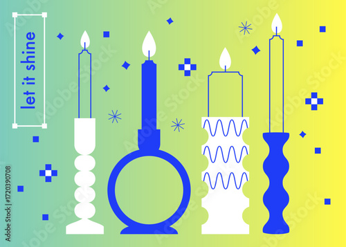 Candlestick collection with burning flames in stylish holders. Paraffin, wax candles with fire. Interior decoration for Christmas, Advent, Birthday, Halloween, New Year. Simple vector illustration