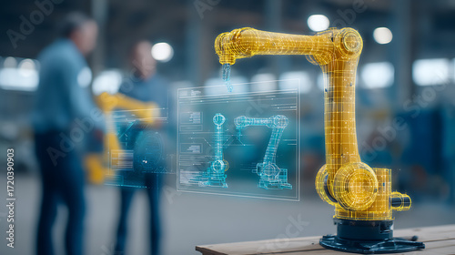Industrial robotic arm with holographic blueprint overlay in a factory setting