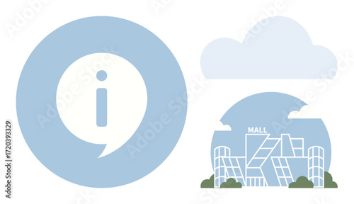 Information icon placed near a modern shopping mall building under soft clouds. Ideal for navigation, retail guidance, consumer help, mall services, tourism, customer support, urban environments