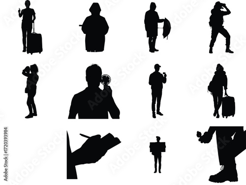 Diverse group of people silhouettes showcasing various activities like travel photography writing and holding signs against a white background