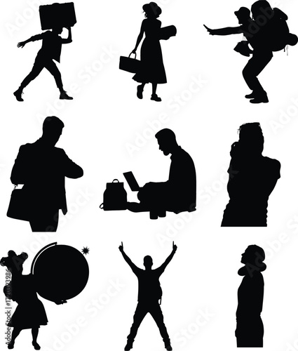 Collection of diverse silhouette figures showcasing various activities like travel work celebration and contemplation against a white background