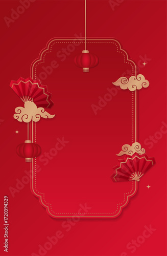 Chinese 2026 New Year red greeting card empty background with traditional Asian decoration and gold elements and empty space for text. Red blank vertical flyer, poster with lantern, cloud,fan. Vector