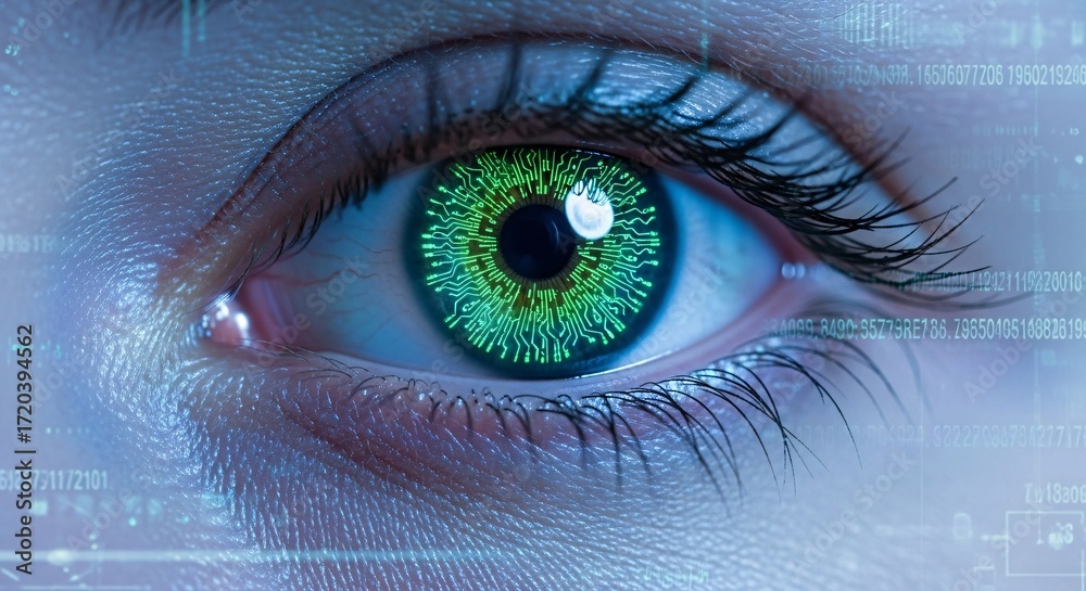 Obraz premium Captivating Green Eye Close-Up A Glimpse into Futuristic Digital Vision and Human Connection