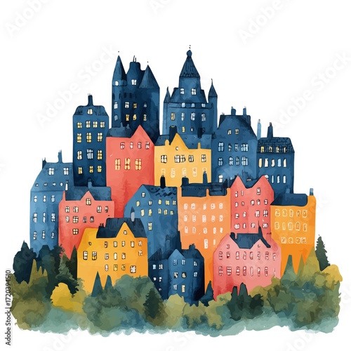 watercolor of Scottish Street Improv, vector, isolated on a white background.