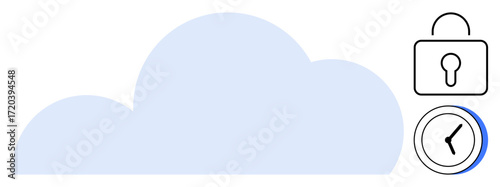 Large cloud shape, padlock representing security, and clock indicating time. Ideal for technology, data storage, cybersecurity, time management, cloud services, protected access simple flat metaphor