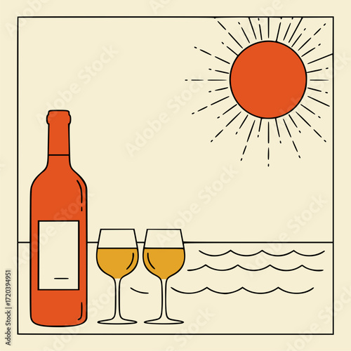Multilayer vector - Wine bottle and glasses by the sea under a sunny sky  