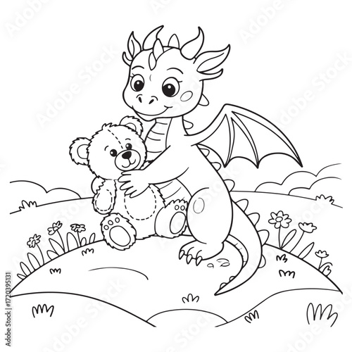 cute little dragon and bear Coloring
Pages with Black and white
vector illustration