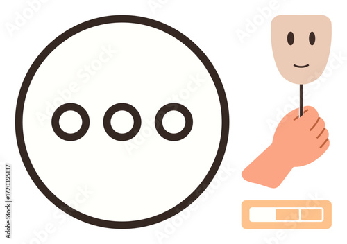 Chat bubbles inside a circle, hand holding a smiling mask, progress bar evoke interaction, emotions, identity, online communication. Ideal for mental health, social dynamics, digital interaction