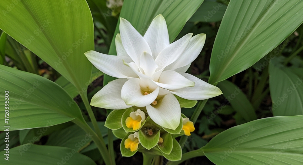 Fototapeta premium White siam tulip flower blooming in summer with green leaves background