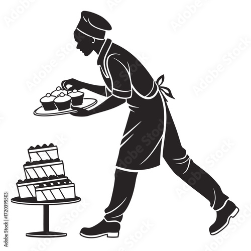 Baker arranging pastries silhouette