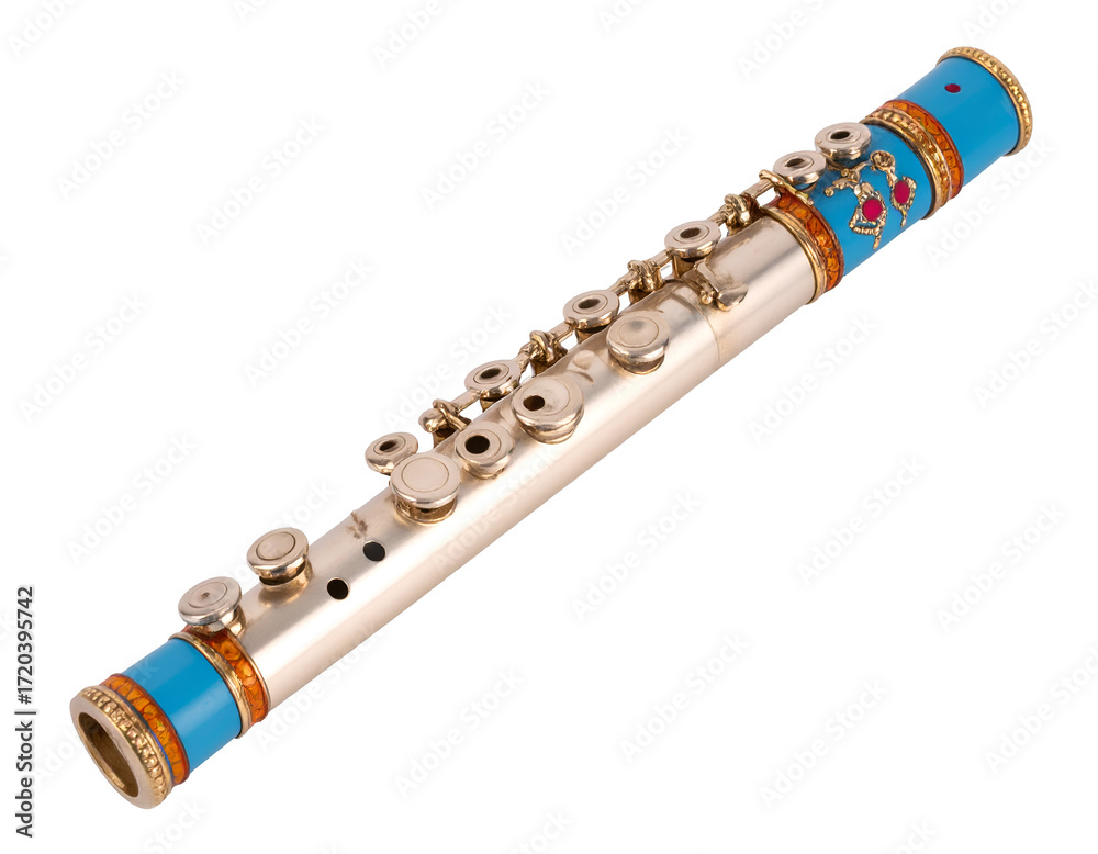 Naklejka premium A beautifully crafted flute featuring intricate designs and vibrant colors, perfect for musical performances.