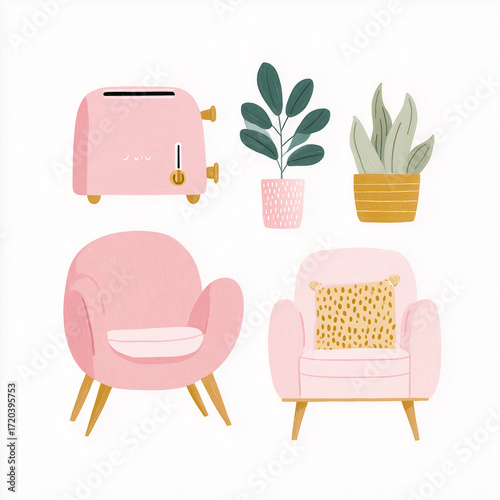 A set of illustrations in a cute rounded style using a striking pink and gold color palette for a toaster an armchair and a plant., isolate on white background