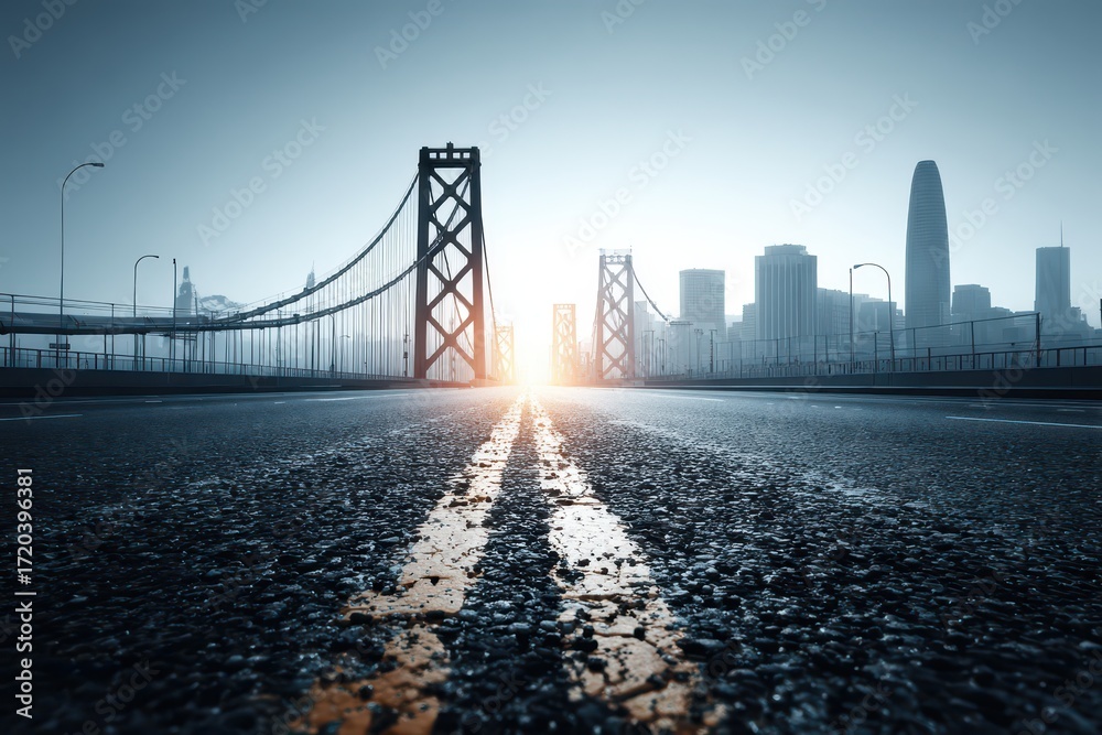 Obraz premium Bay Bridge perspective view with city skyline and asphalt road leading to city center, reflecting sunlight with a contemporary urban landscape.