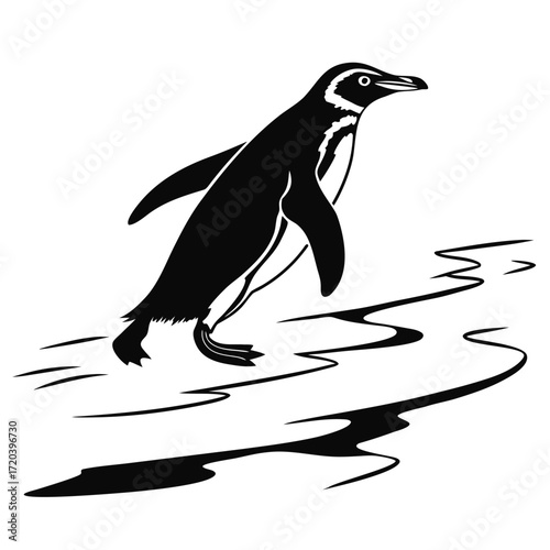 Penguin sliding on ice into water silhouette