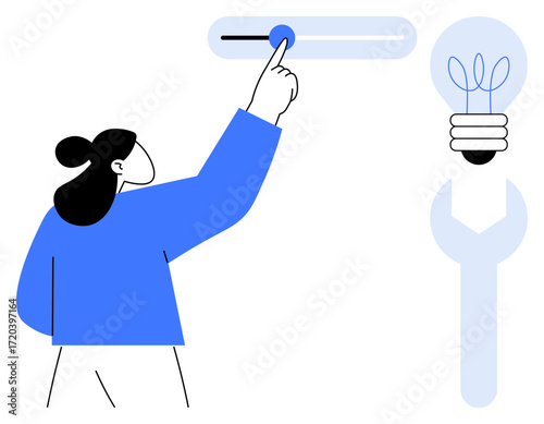 Woman adjusting control slider, light bulb symbolizing ideas and wrench representing tools for solutions. Ideal for innovation, problem-solving, creativity, brainstorming, adaptability, strategy
