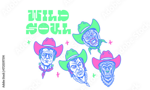 Vintage illustration of monster heads in cowboy hats. Quirky pop art with Wild Soul quote for t shirt print, Halloween sticker