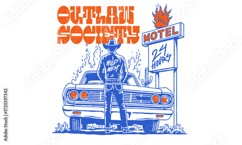 Retro illustration of a cowboy with a classic car at a desert motel. Western Outlaw Society artwork for t shirt print