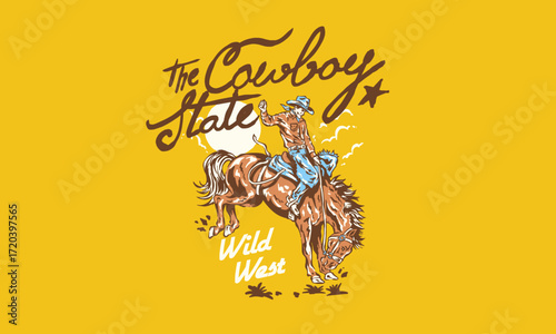 Vintage artwork of a rodeo cowboy on a bucking horse. Retro illustration for The Cowboy State for t shirt print