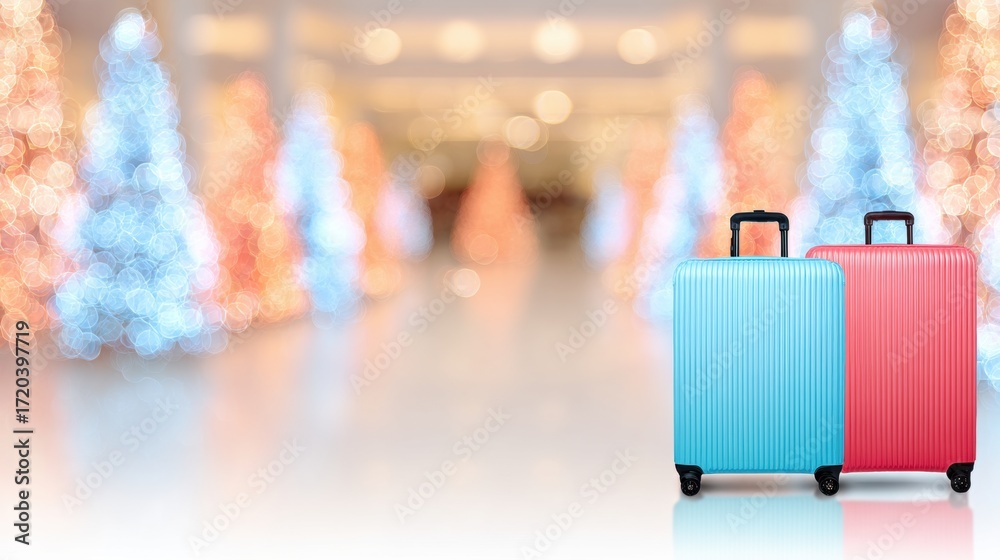 Naklejka premium Colorful luggage stands in a festive shopping center during holiday season